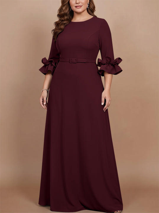 Robe mère de la mariée taille plus ligne A, satin stretch col rond, manches 3/4, longueur sol, volants