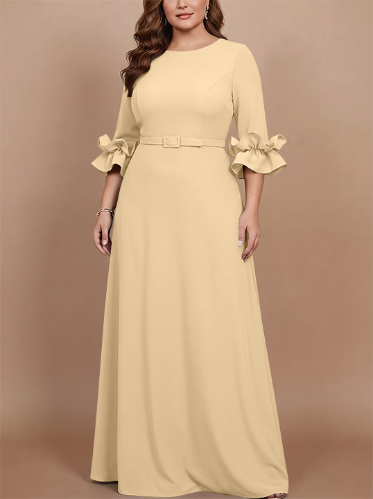 Robe mère de la mariée taille plus ligne A, satin stretch col rond, manches 3/4, longueur sol, volants