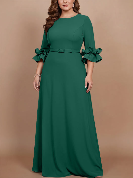 Robe mère de la mariée taille plus ligne A, satin stretch col rond, manches 3/4, longueur sol, volants
