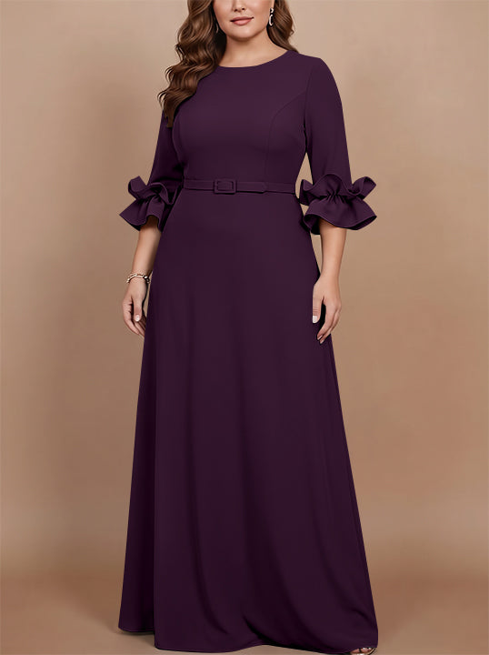 Robe mère de la mariée taille plus ligne A, satin stretch col rond, manches 3/4, longueur sol, volants