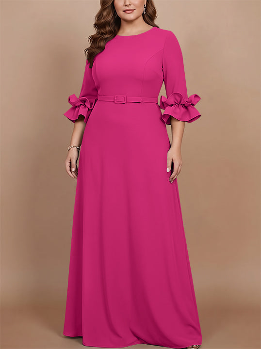 Robe mère de la mariée taille plus ligne A, satin stretch col rond, manches 3/4, longueur sol, volants
