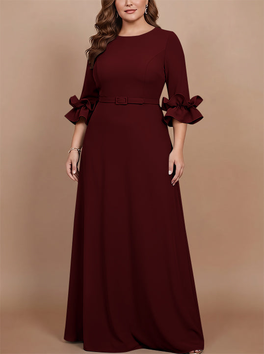 Robe mère de la mariée taille plus ligne A, satin stretch col rond, manches 3/4, longueur sol, volants