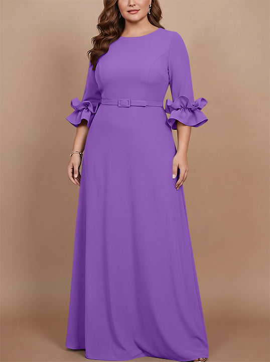 Robe mère de la mariée taille plus ligne A, satin stretch col rond, manches 3/4, longueur sol, volants