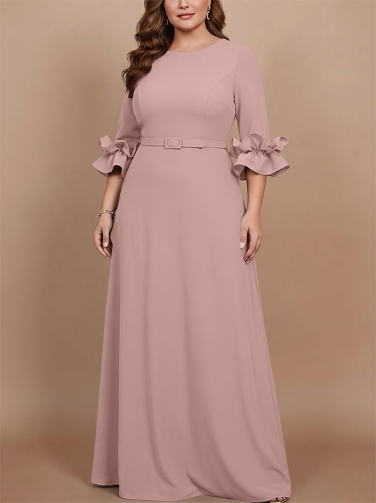 Robe mère de la mariée taille plus ligne A, satin stretch col rond, manches 3/4, longueur sol, volants