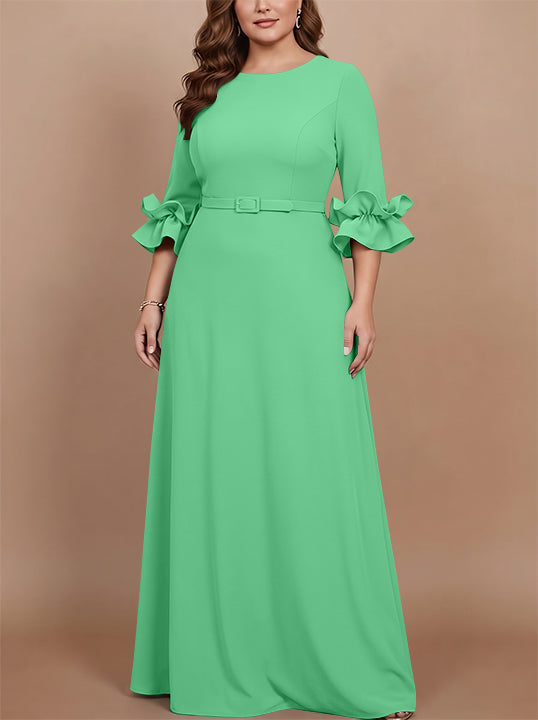 Robe mère de la mariée taille plus ligne A, satin stretch col rond, manches 3/4, longueur sol, volants