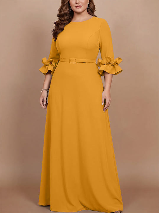 Robe mère de la mariée taille plus ligne A, satin stretch col rond, manches 3/4, longueur sol, volants