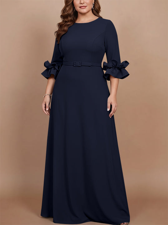Robe mère de la mariée taille plus ligne A, satin stretch col rond, manches 3/4, longueur sol, volants