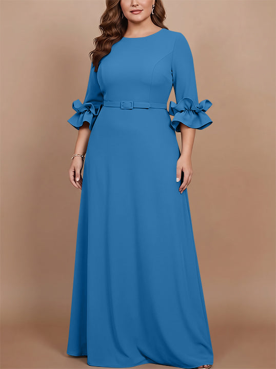 Robe mère de la mariée taille plus ligne A, satin stretch col rond, manches 3/4, longueur sol, volants