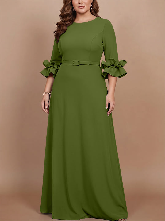 Robe mère de la mariée taille plus ligne A, satin stretch col rond, manches 3/4, longueur sol, volants