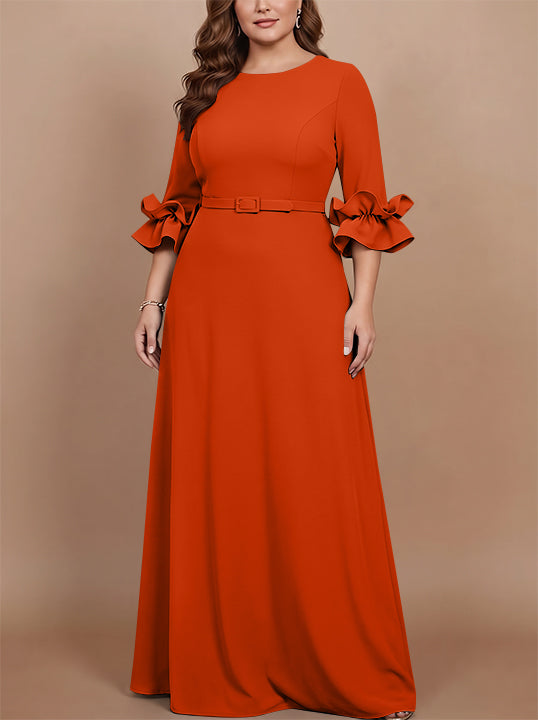 Robe mère de la mariée taille plus ligne A, satin stretch col rond, manches 3/4, longueur sol, volants