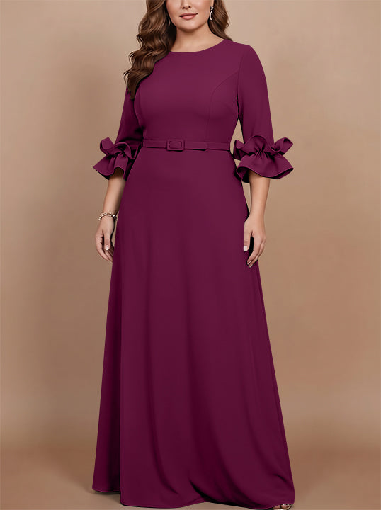 Robe mère de la mariée taille plus ligne A, satin stretch col rond, manches 3/4, longueur sol, volants