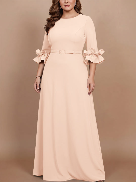 Robe mère de la mariée taille plus ligne A, satin stretch col rond, manches 3/4, longueur sol, volants