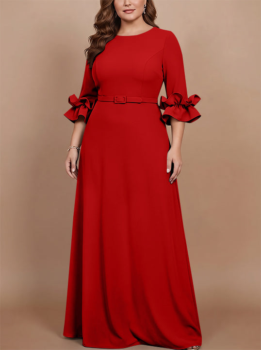 Robe mère de la mariée taille plus ligne A, satin stretch col rond, manches 3/4, longueur sol, volants