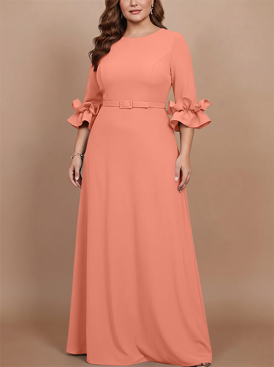 Robe mère de la mariée taille plus ligne A, satin stretch col rond, manches 3/4, longueur sol, volants