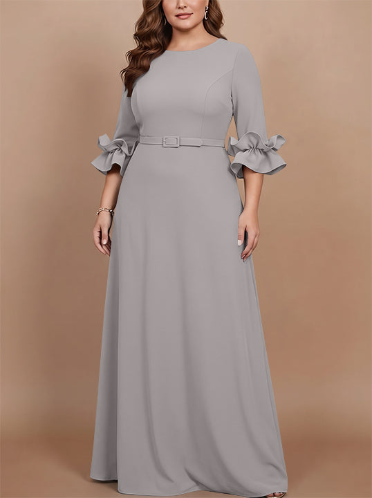 Robe mère de la mariée taille plus ligne A, satin stretch col rond, manches 3/4, longueur sol, volants