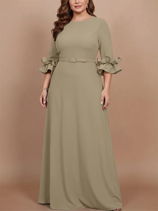 Robe mère de la mariée taille plus ligne A, satin stretch col rond, manches 3/4, longueur sol, volants