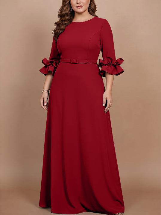 Robe mère de la mariée taille plus ligne A, satin stretch col rond, manches 3/4, longueur sol, volants