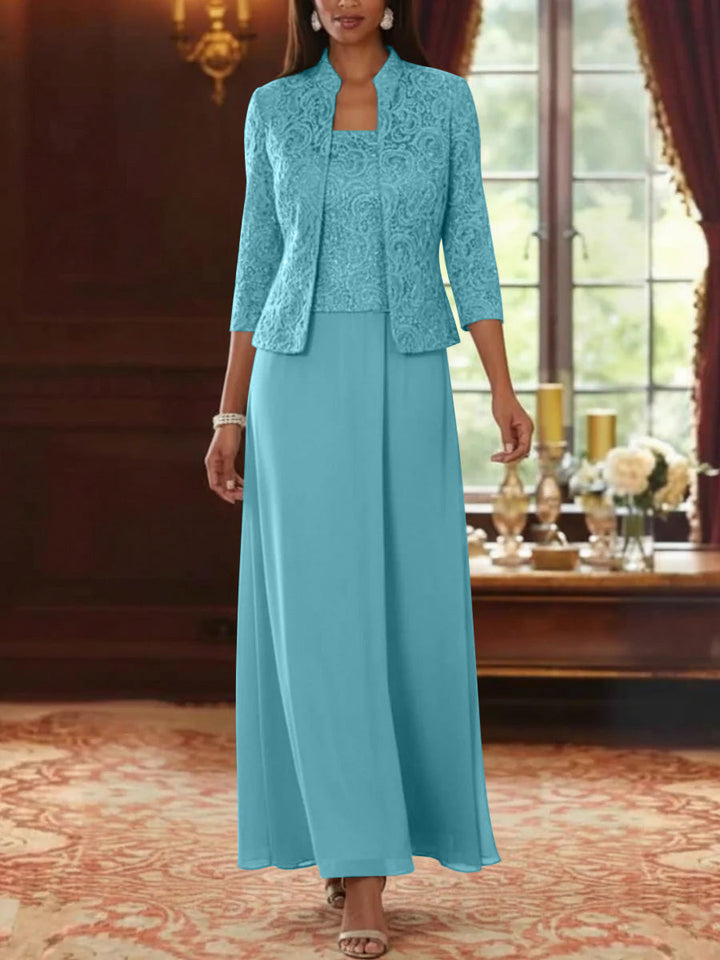 Ensemble 2 pièces mère de la mariée ligne A, mousseline col carré, veste dentelle, manches 3/4, longueur cheville