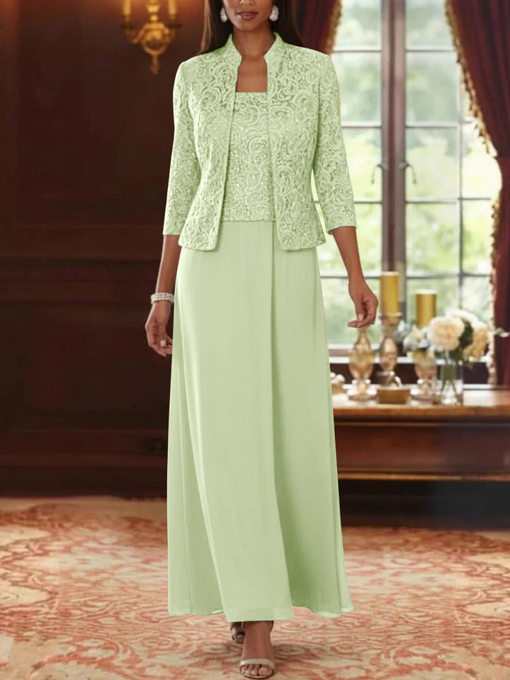 Ensemble 2 pièces mère de la mariée ligne A, mousseline col carré, veste dentelle, manches 3/4, longueur cheville