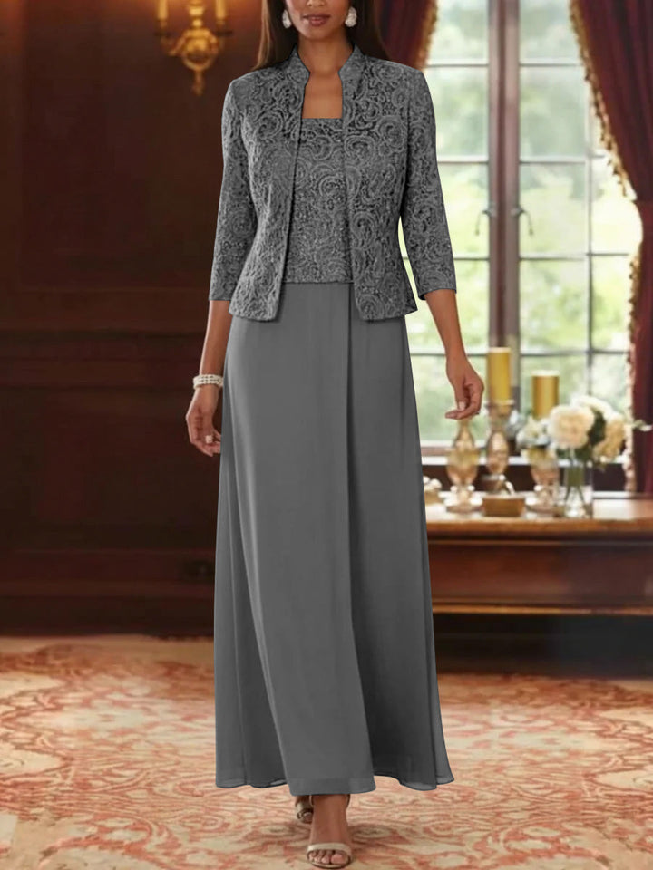 Ensemble 2 pièces mère de la mariée ligne A, mousseline col carré, veste dentelle, manches 3/4, longueur cheville
