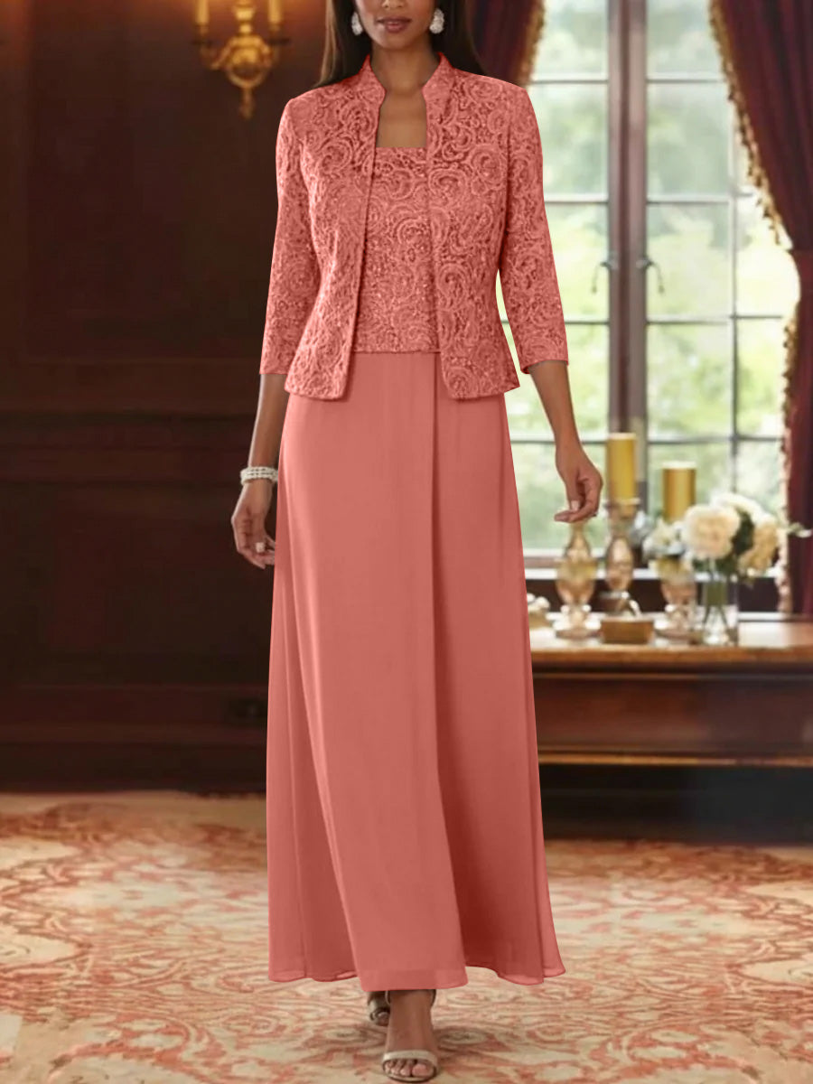 Ensemble 2 pièces mère de la mariée ligne A, mousseline col carré, veste dentelle, manches 3/4, longueur cheville