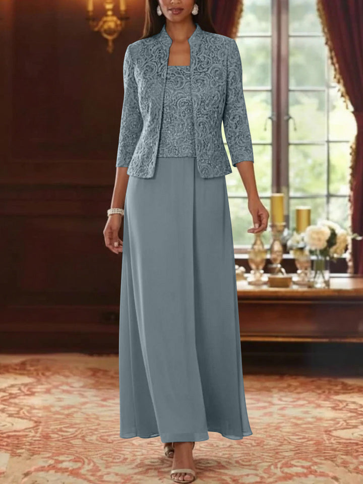 Ensemble 2 pièces mère de la mariée ligne A, mousseline col carré, veste dentelle, manches 3/4, longueur cheville