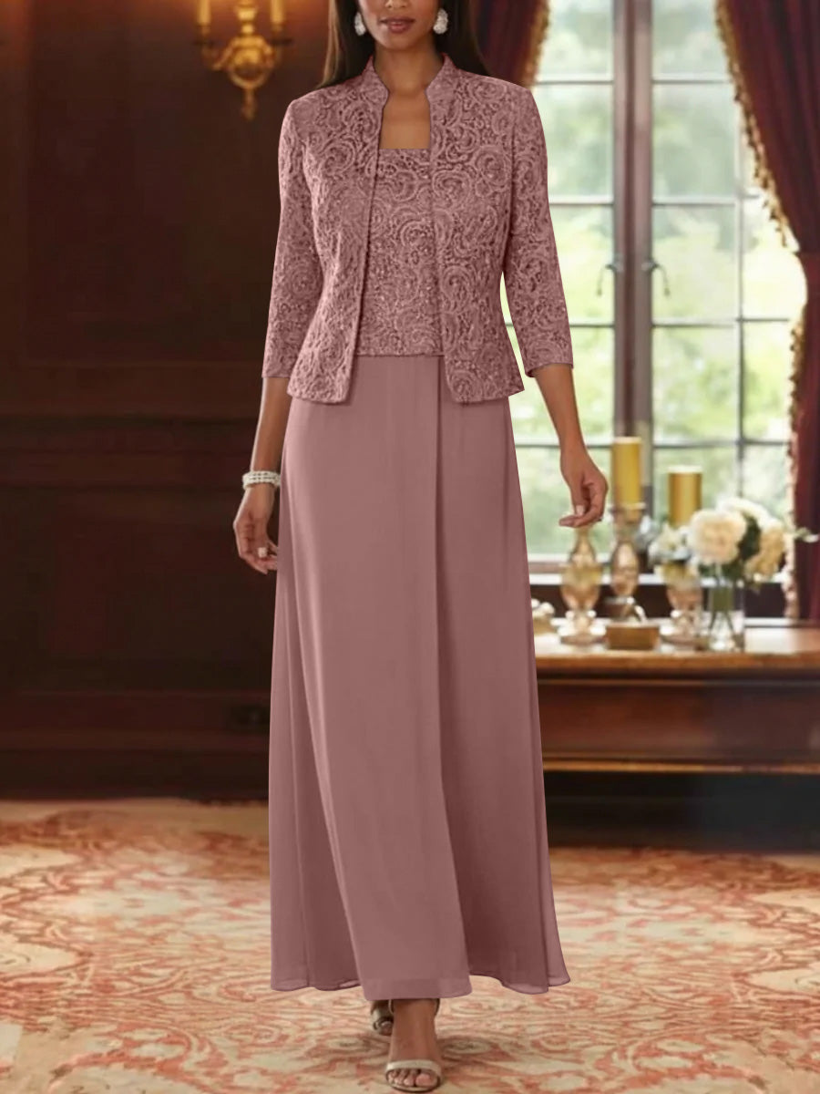 Ensemble 2 pièces mère de la mariée ligne A, mousseline col carré, veste dentelle, manches 3/4, longueur cheville