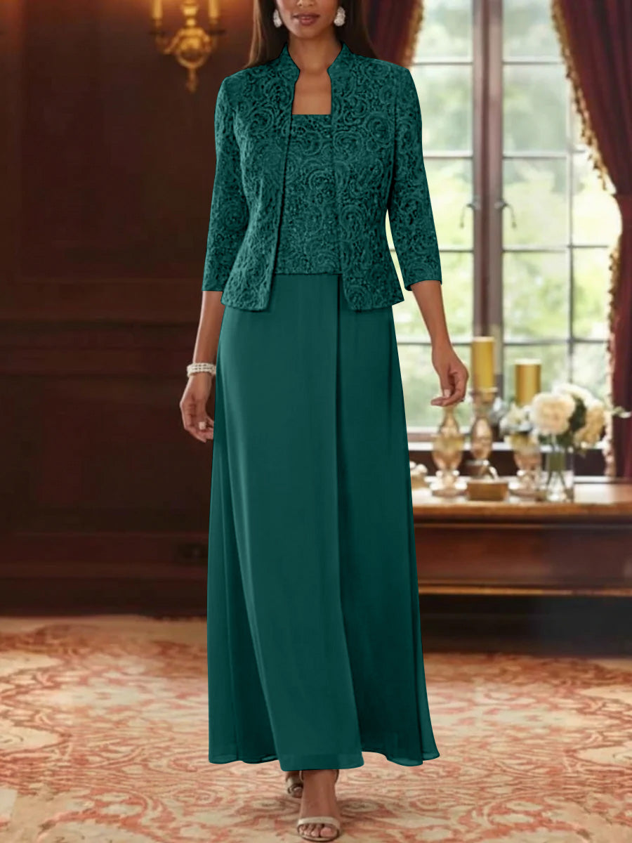 Ensemble 2 pièces mère de la mariée ligne A, mousseline col carré, veste dentelle, manches 3/4, longueur cheville