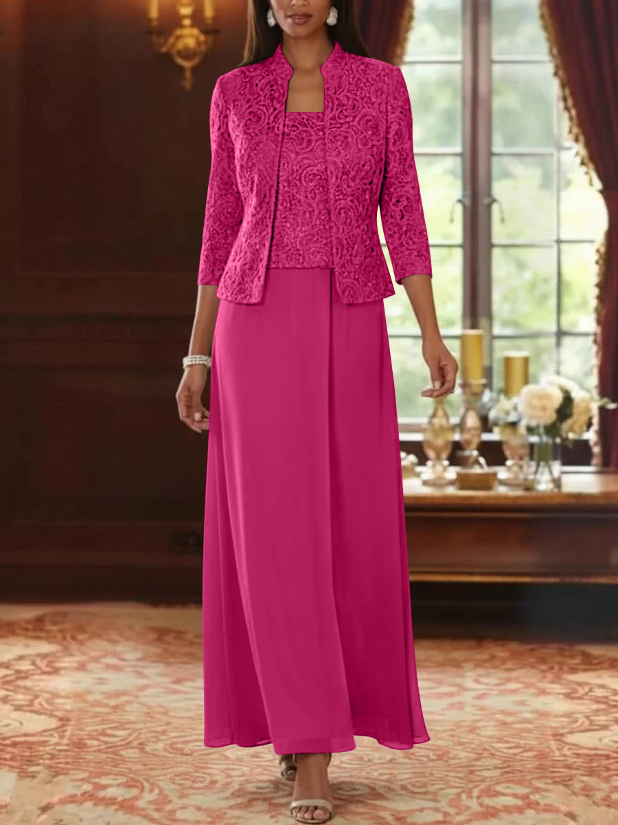 Ensemble 2 pièces mère de la mariée ligne A, mousseline col carré, veste dentelle, manches 3/4, longueur cheville