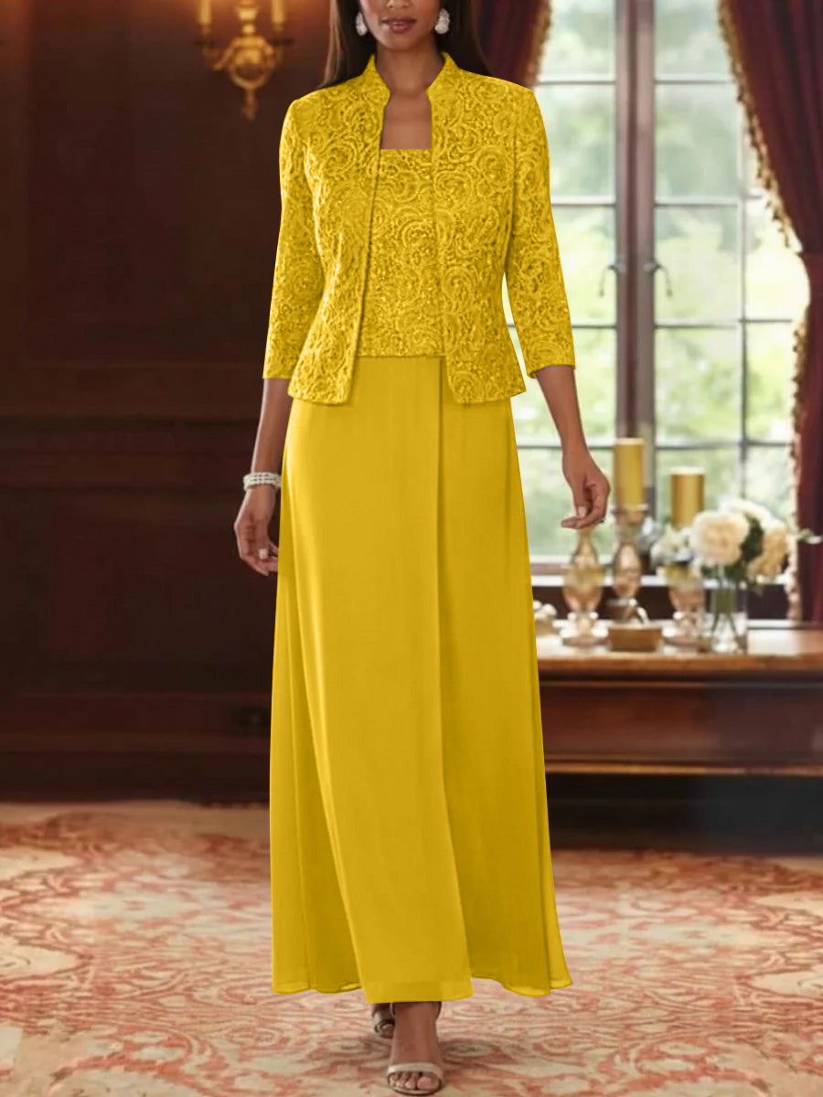 Ensemble 2 pièces mère de la mariée ligne A, mousseline col carré, veste dentelle, manches 3/4, longueur cheville
