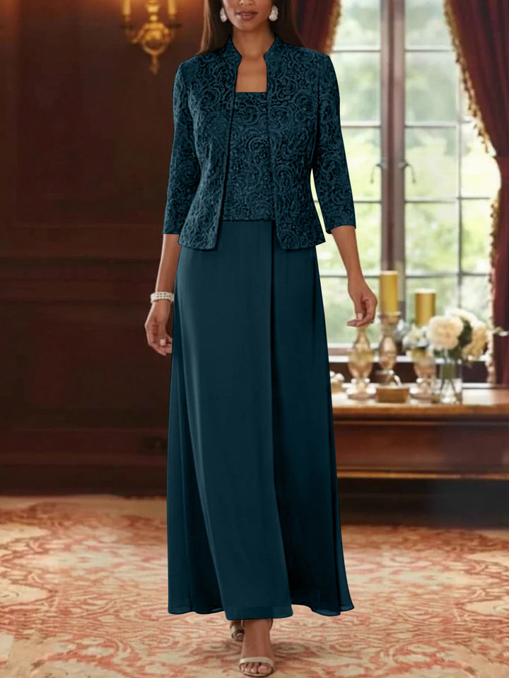 Ensemble 2 pièces mère de la mariée ligne A, mousseline col carré, veste dentelle, manches 3/4, longueur cheville