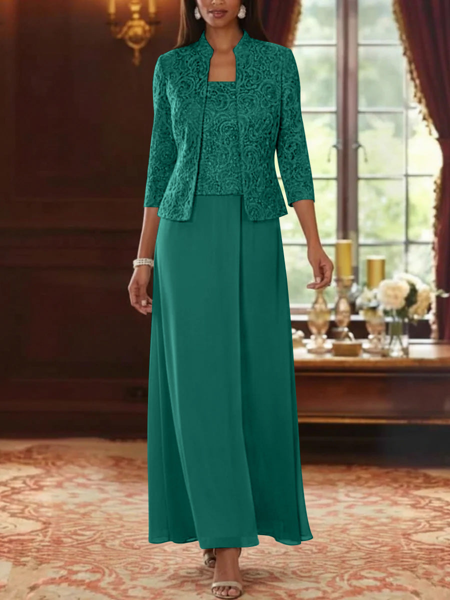 Ensemble 2 pièces mère de la mariée ligne A, mousseline col carré, veste dentelle, manches 3/4, longueur cheville