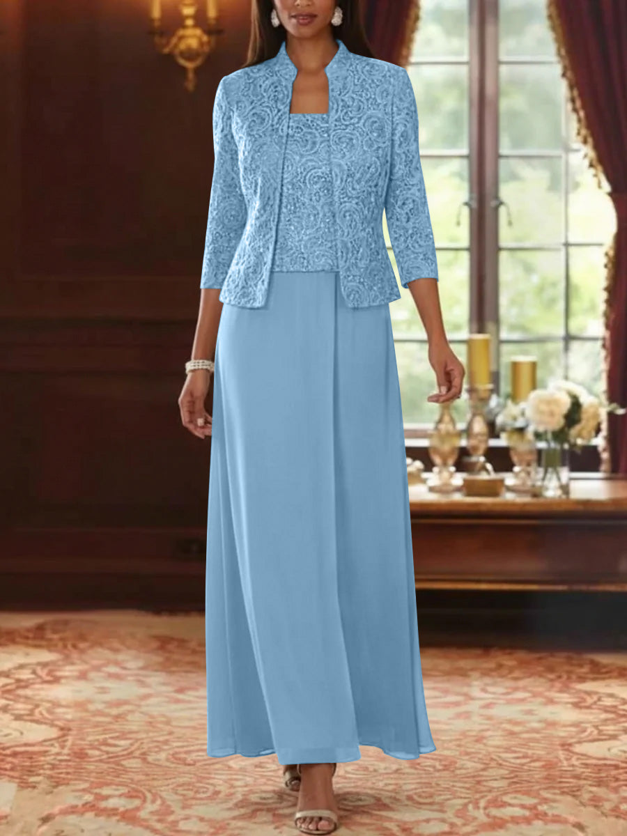 Ensemble 2 pièces mère de la mariée ligne A, mousseline col carré, veste dentelle, manches 3/4, longueur cheville