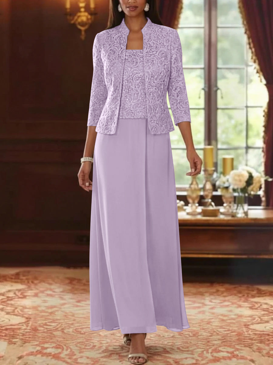 Ensemble 2 pièces mère de la mariée ligne A, mousseline col carré, veste dentelle, manches 3/4, longueur cheville