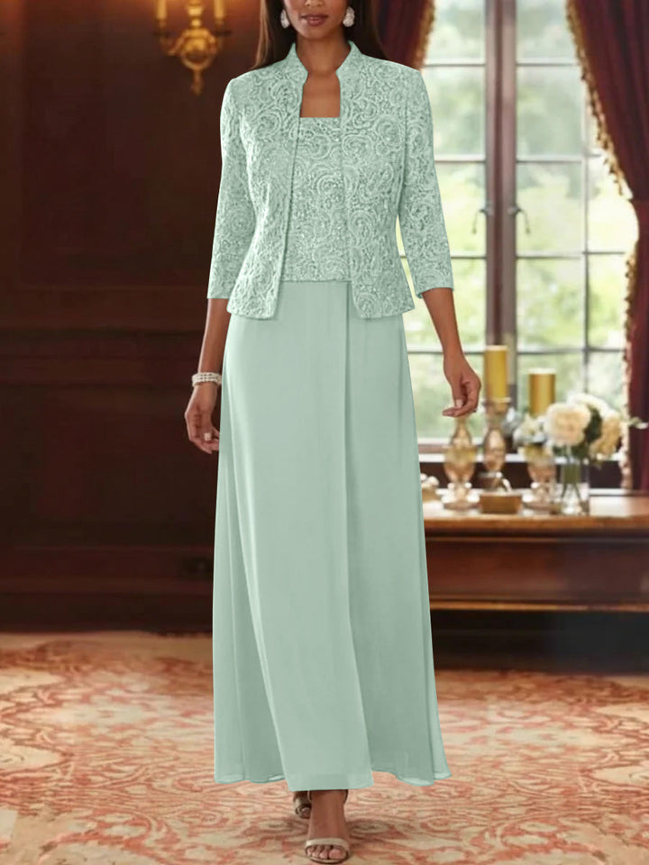 Ensemble 2 pièces mère de la mariée ligne A, mousseline col carré, veste dentelle, manches 3/4, longueur cheville