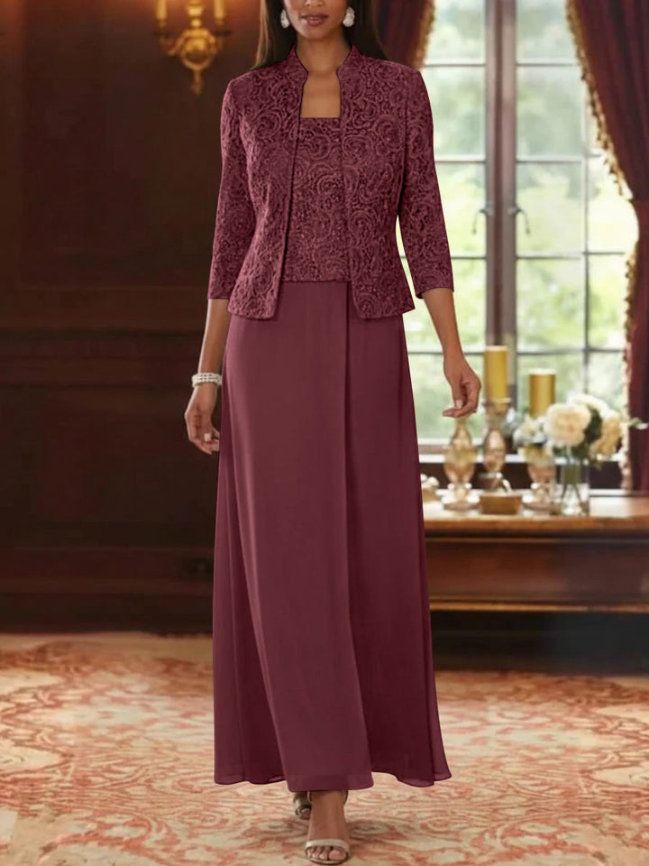 Ensemble 2 pièces mère de la mariée ligne A, mousseline col carré, veste dentelle, manches 3/4, longueur cheville