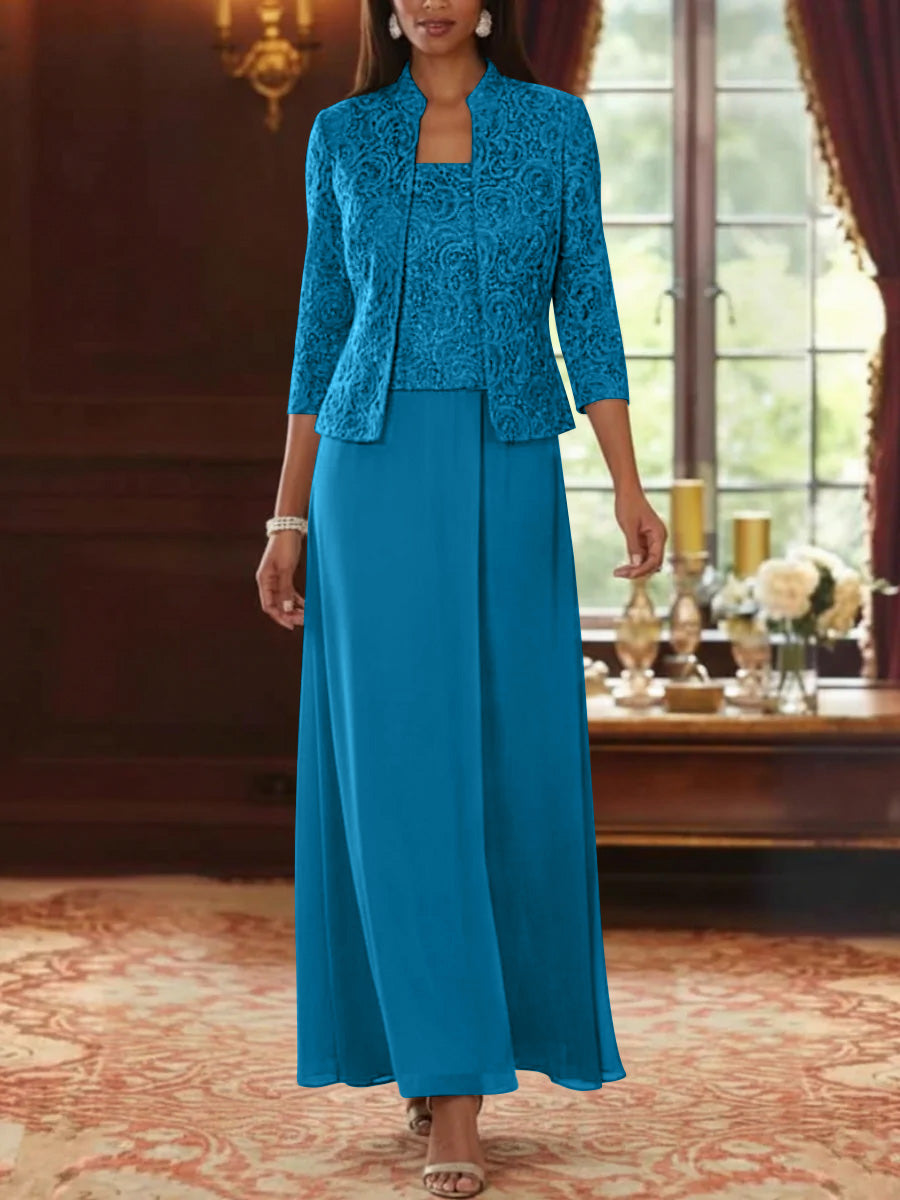 Ensemble 2 pièces mère de la mariée ligne A, mousseline col carré, veste dentelle, manches 3/4, longueur cheville