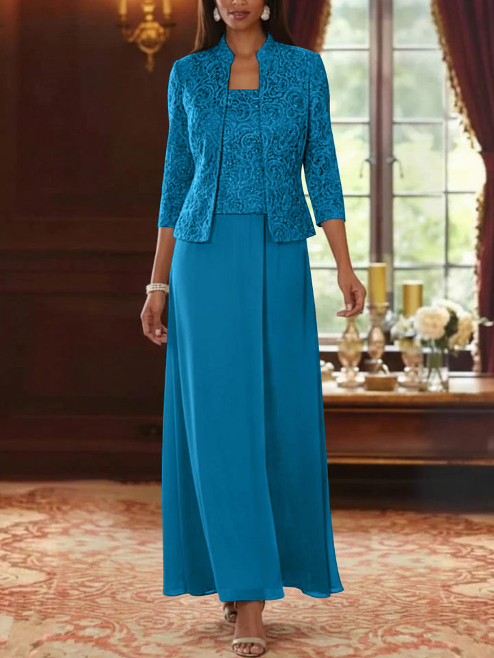 Ensemble 2 pièces mère de la mariée ligne A, mousseline col carré, veste dentelle, manches 3/4, longueur cheville