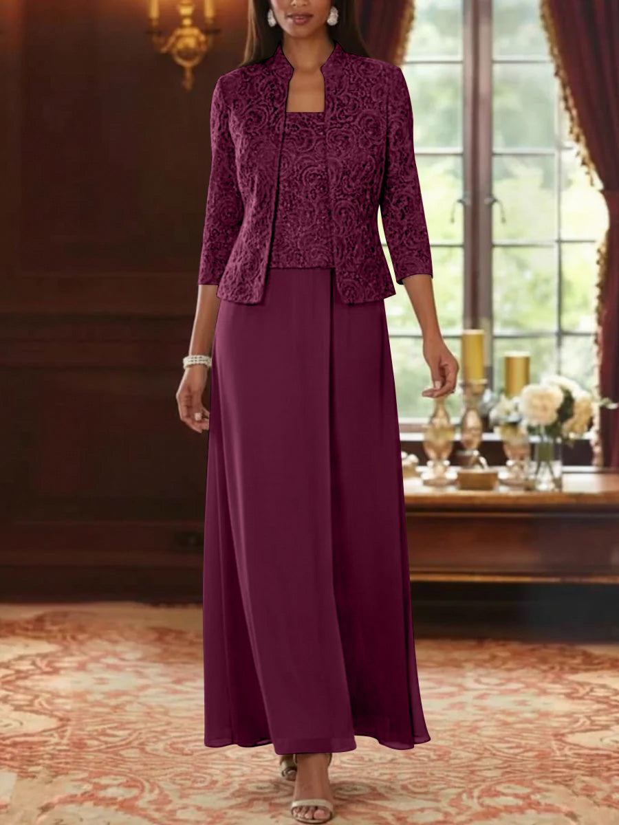 Ensemble 2 pièces mère de la mariée ligne A, mousseline col carré, veste dentelle, manches 3/4, longueur cheville