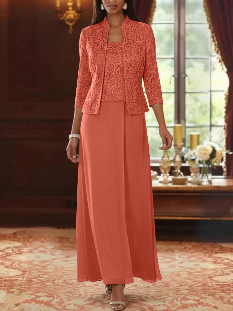 Ensemble 2 pièces mère de la mariée ligne A, mousseline col carré, veste dentelle, manches 3/4, longueur cheville