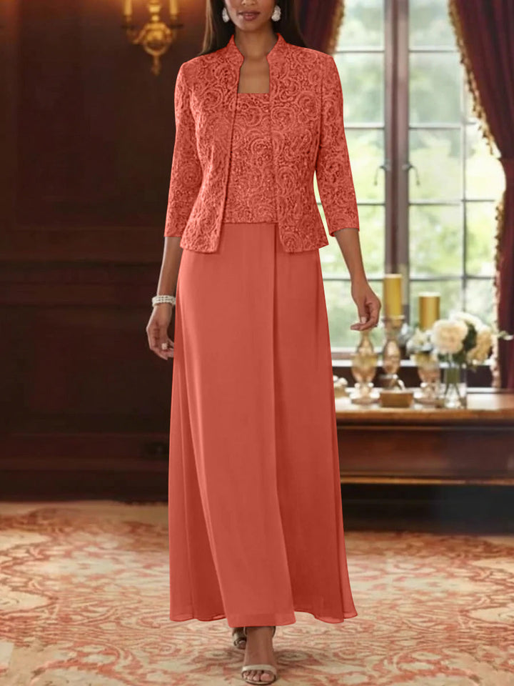 Ensemble 2 pièces mère de la mariée ligne A, mousseline col carré, veste dentelle, manches 3/4, longueur cheville
