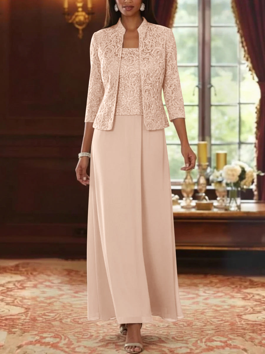 Ensemble 2 pièces mère de la mariée ligne A, mousseline col carré, veste dentelle, manches 3/4, longueur cheville