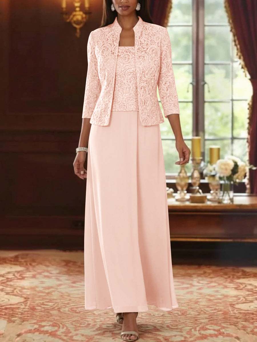 Ensemble 2 pièces mère de la mariée ligne A, mousseline col carré, veste dentelle, manches 3/4, longueur cheville