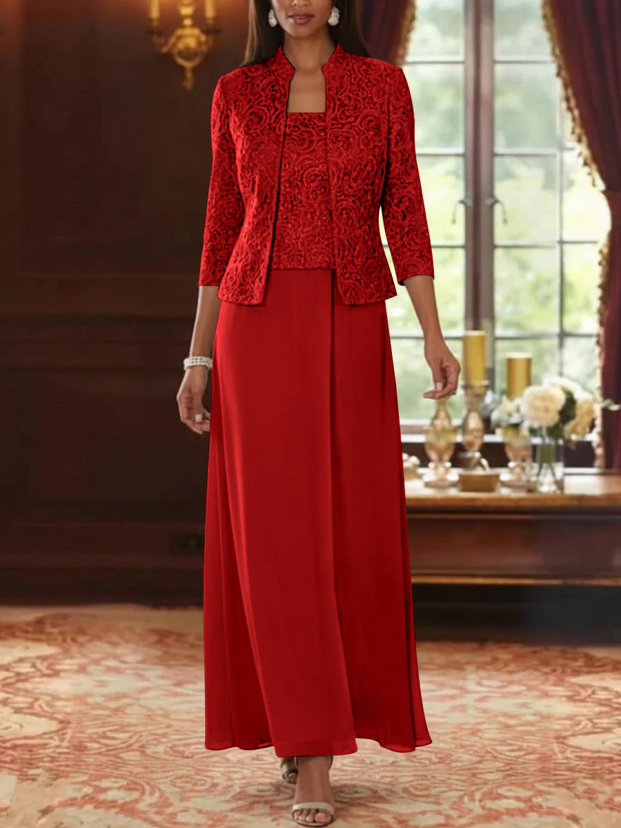 Ensemble 2 pièces mère de la mariée ligne A, mousseline col carré, veste dentelle, manches 3/4, longueur cheville