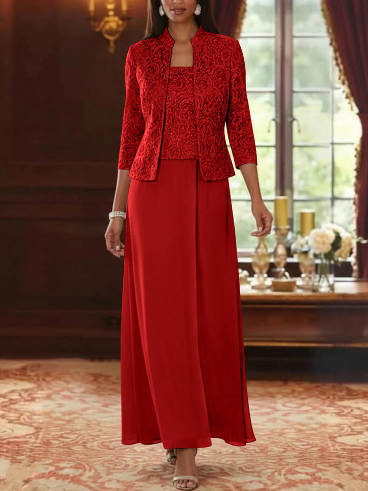 Ensemble 2 pièces mère de la mariée ligne A, mousseline col carré, veste dentelle, manches 3/4, longueur cheville