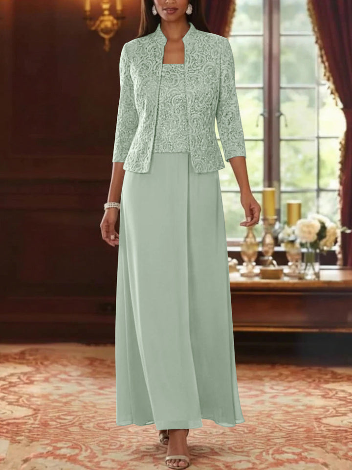 Ensemble 2 pièces mère de la mariée ligne A, mousseline col carré, veste dentelle, manches 3/4, longueur cheville