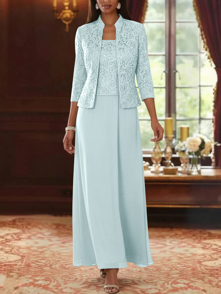 Ensemble 2 pièces mère de la mariée ligne A, mousseline col carré, veste dentelle, manches 3/4, longueur cheville