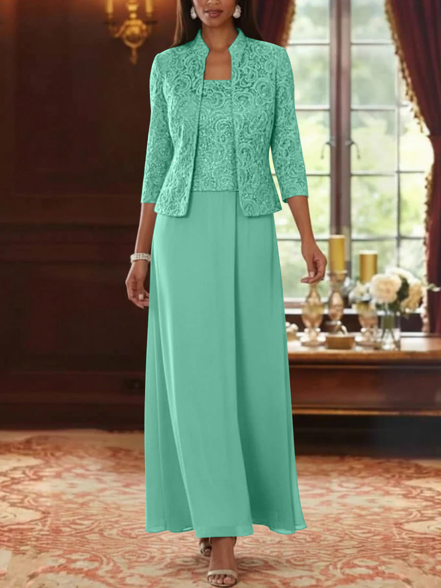 Ensemble 2 pièces mère de la mariée ligne A, mousseline col carré, veste dentelle, manches 3/4, longueur cheville