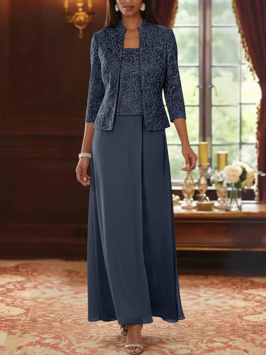 Ensemble 2 pièces mère de la mariée ligne A, mousseline col carré, veste dentelle, manches 3/4, longueur cheville