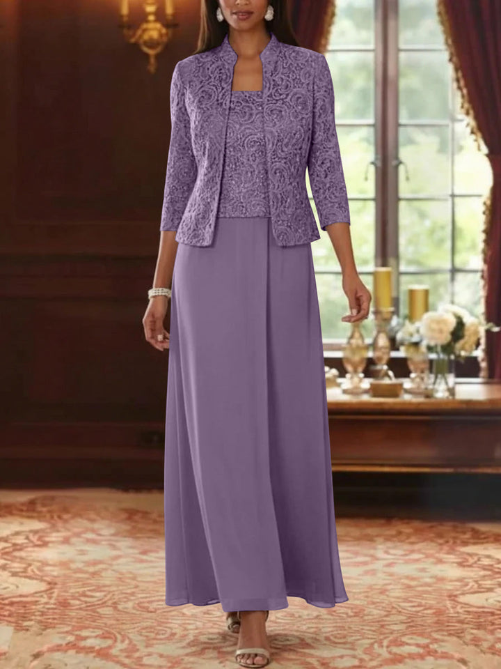 Ensemble 2 pièces mère de la mariée ligne A, mousseline col carré, veste dentelle, manches 3/4, longueur cheville